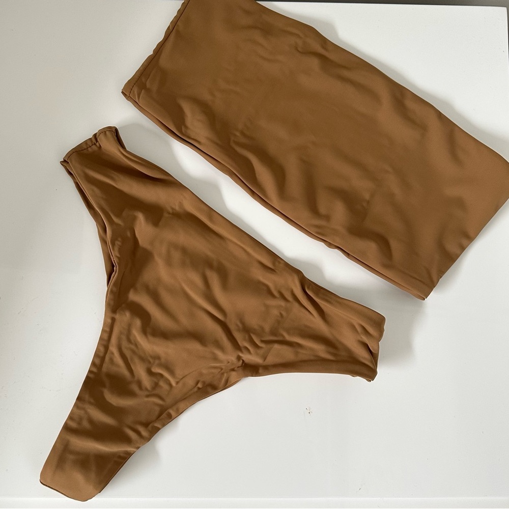 AEXAE Bandeau top and High Rise Thong bikini in Caramel
